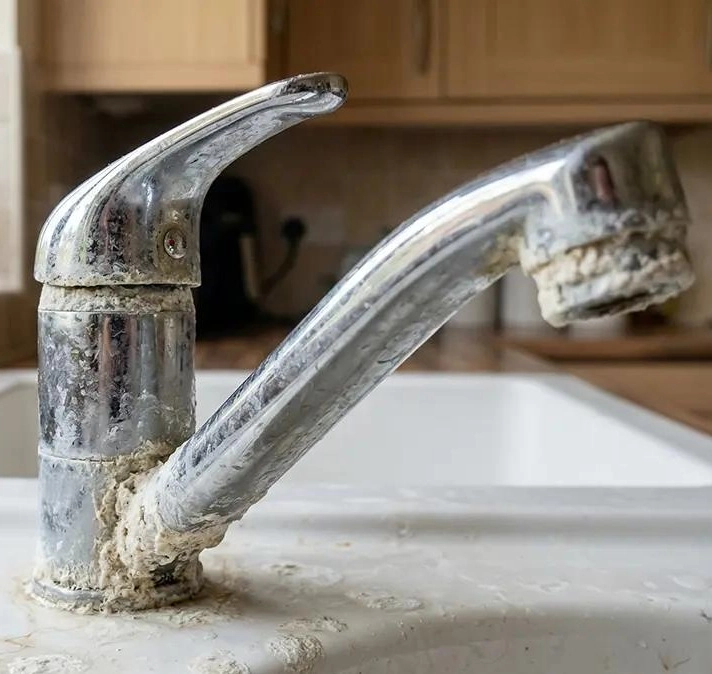 White limescale deposits around the outlet of a black basin tap